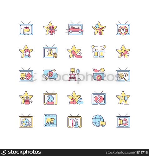 TV show RGB color icons set. Television entertainment. Media fun series. Reality shows and documentary programs. Isolated vector illustrations. Simple filled line drawings collection. TV show RGB color icons set