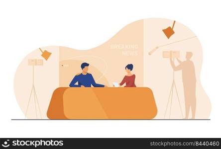 TV show shooting with film crew and backstage. News anchors talking to each other, posing for camera in studio. Vector illustration for breaking news, broadcasting, reporters concept