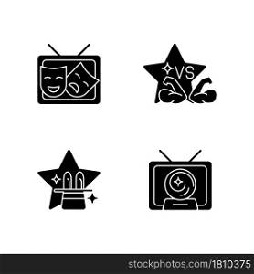 TV shows genres black glyph icons set on white space. Drama series. Talent contest. Mystical serial. Sport competition reality show. Silhouette symbols. Vector isolated illustration. TV shows genres black glyph icons set on white space