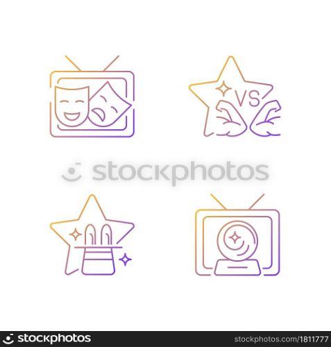 TV shows genres gradient linear vector icons set. Drama series. Talent contest. Sport competition reality show. Thin line contour symbols bundle. Isolated outline illustrations collection. TV shows genres gradient linear vector icons set