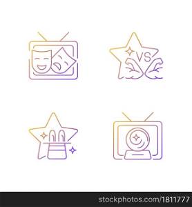 TV shows genres gradient linear vector icons set. Drama series. Talent contest. Sport competition reality show. Thin line contour symbols bundle. Isolated outline illustrations collection. TV shows genres gradient linear vector icons set
