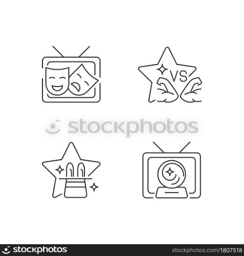 TV shows genres linear icons set. Drama series. Talent contest. Mystical serial. Sport competition reality show. Customizable thin line symbols. Isolated vector outline illustrations. Editable stroke. TV shows genres linear icons set