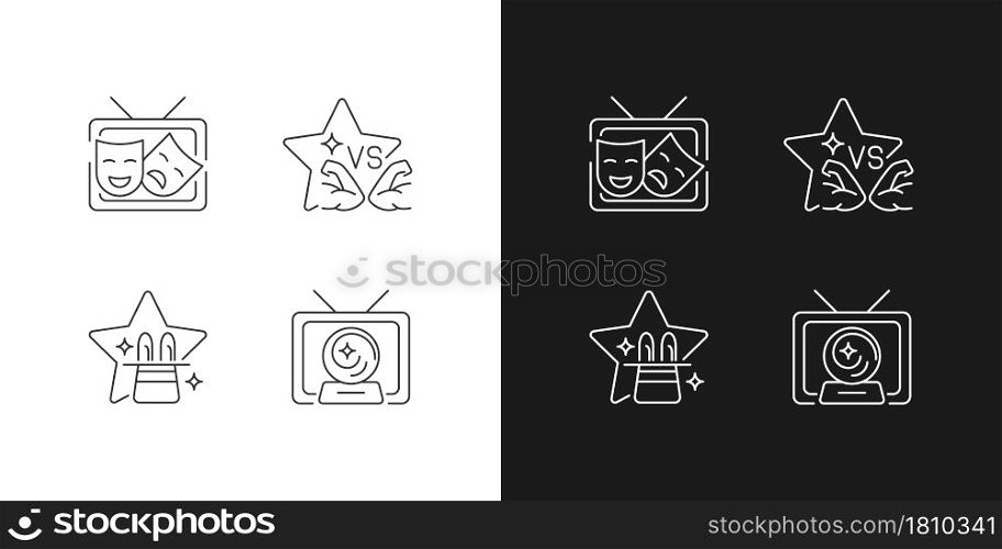 TV shows genres linear icons set for dark and light mode. Drama series. Talent contest. Mystical serial. Customizable thin line symbols. Isolated vector outline illustrations. Editable stroke. TV shows genres linear icons set for dark and light mode