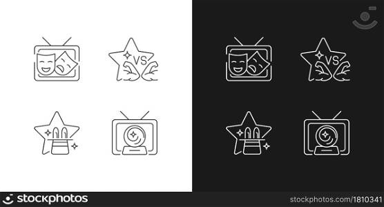 TV shows genres linear icons set for dark and light mode. Drama series. Talent contest. Mystical serial. Customizable thin line symbols. Isolated vector outline illustrations. Editable stroke. TV shows genres linear icons set for dark and light mode