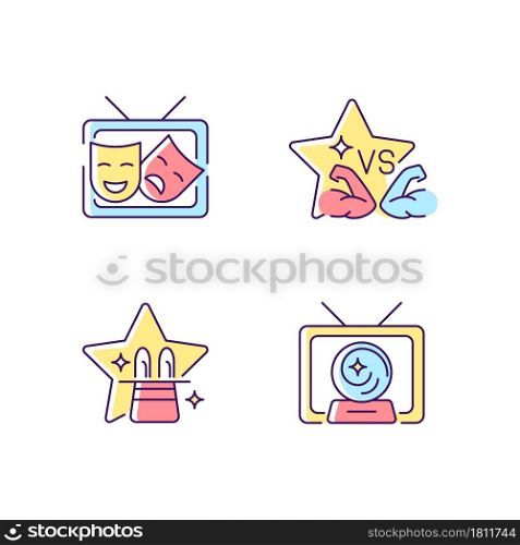 TV shows genres RGB color icons set. Drama series. Talent contest. Mystical serial. Sport competition reality show. Isolated vector illustrations. Simple filled line drawings collection. TV shows genres RGB color icons set