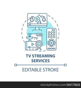 TV streaming services concept icon. New media idea thin line illustration. Digital television content distribution. Online video platform. Vector isolated outline RGB color drawing. Editable stroke. TV streaming services concept icon