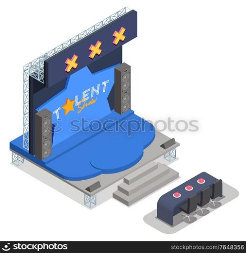 Tv talent show isometric composition with image of stage equipped with screen acoustics and judge seats vector illustration