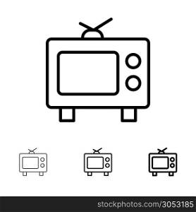 TV, Television, Media Bold and thin black line icon set