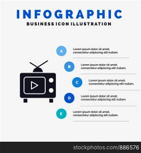 TV, Television, Play, Video Solid Icon Infographics 5 Steps Presentation Background