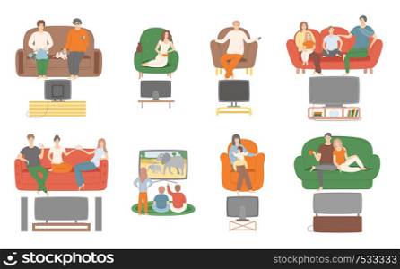 TV television watching, people sitting on couch enjoying film vector. Family and couples spending time at home looking at screen monitor entertainment. TV Television Watching, People Sitting on Couch