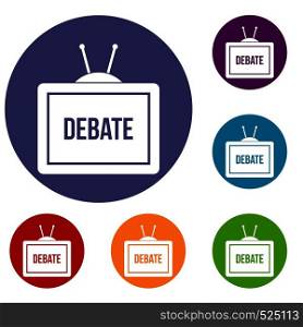 TV with the Debate inscription on the screen icons set in flat circle red, blue and green color for web. TV with the Debate inscription icons set