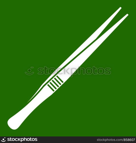 Tweezers icon white isolated on green background. Vector illustration. Tweezers icon green