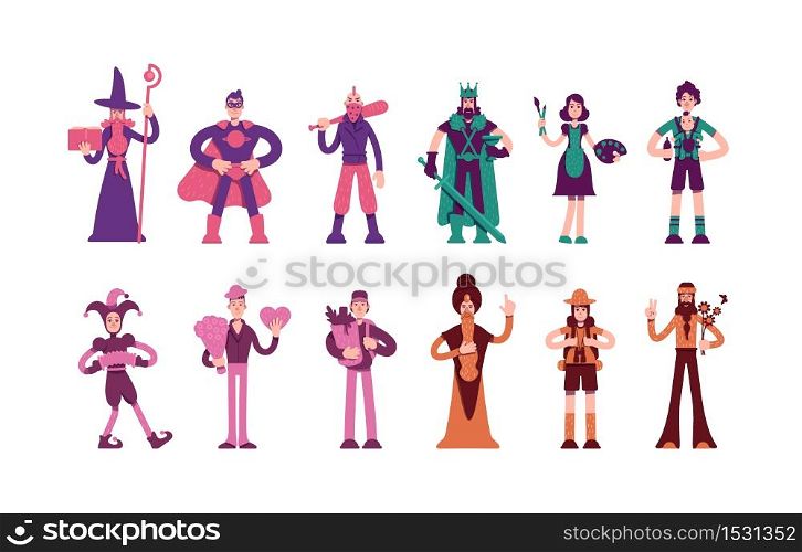 Twelve archetypes flat color vector characters set. Magician and hero in cape. Medieval king and wise man. People personality types isolated cartoon illustrations on white background . ZIP file contains: EPS, JPG. If you are interested in custom design or want to make some adjustments to purchase the product, don&rsquo;t hesitate to contact us! bsd@bsdartfactory.com. Twelve archetypes characters set