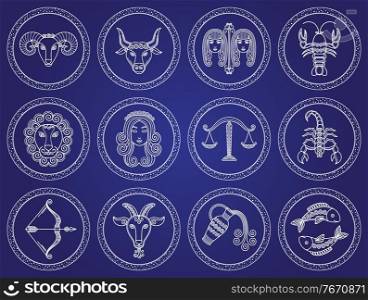 Twelve astrological signs. Icons of aquarius and gemini, virgo and scorpio, cancer and taurus, aries and libra, leo and pisces, capricort and sagittarius. Vector illustration of zodiacs in flat style. Twelve Astrological Signs, Isolated Icon of Zodiac