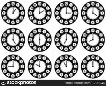 twelve clocks showing different ours against white background, abstract vector art illustration