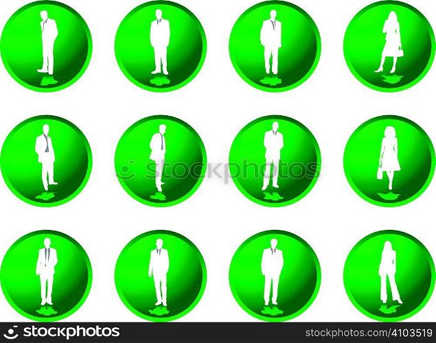 twelve green illustrated business people on raised buttons