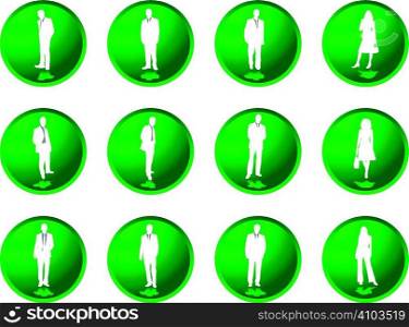 twelve green illustrated business people on raised buttons