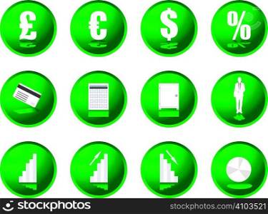 Twelve green illustrated buttons with financial information on them