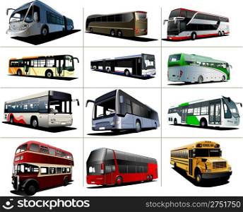 Twelve kinds of city buses. Vector illustration