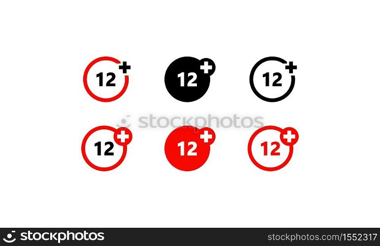 Twelve years over icon set. Over 12 only, age restriction sign. Vector on isolated white background. EPS 10. Twelve years over icon set. Over 12 only, age restriction sign. Vector on isolated white background. EPS 10.