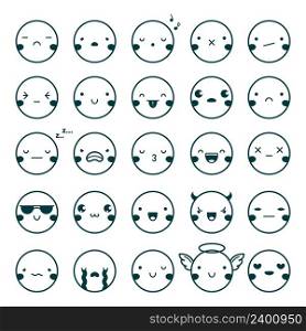 Twenty-five emoji emoticons black set showing different emotions isolated on white background flat vector illustration. Emoji Emoticons Black Set