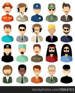 Twenty vector icons of men of a different nationality, with different hairdresses and in different clothes