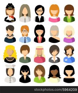 Twenty vector icons of women of a different nationality, with different hairdresses and in different clothes