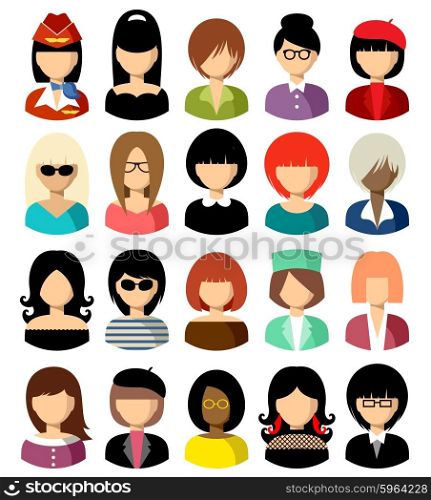 Twenty vector icons of women of a different nationality, with different hairdresses and in different clothes