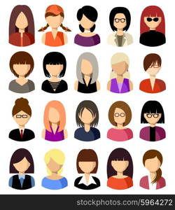 Twenty vector icons of women of a different nationality, with different hairdresses and in different clothes