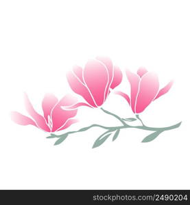 Twig magnolia flowers isolated vector illustration. Gentle natural flowering of Japanese tree. Pink flowers with leaves botanical decoration. Deciduous branch with blooming buds. Twig magnolia flowers isolated vector illustration