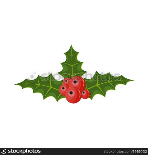 Twig of holly with leaves and berries on white background. Happy new year decoration. Merry christmas holiday. New year and xmas celebration. Vector illustration in flat style. Twig of holly with leaves and berries on white