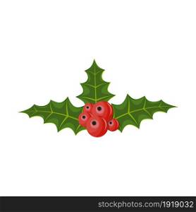 Twig of holly with leaves and berries on white background. Happy new year decoration. Merry christmas holiday. New year and xmas celebration. Vector illustration in flat style. Twig of holly with leaves and berries on white