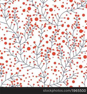 Twigs and berries, autumn leaves and seasonal foliage. Botany and blooming, harvesting and plant blossom. Botanic decoration for card or wrapping. Seamless pattern, background or print, vector in flat. Autumn leaves and branches, twigs and berries