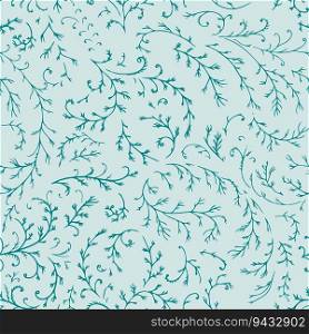 Twigs and branches with foliage and leaves, foliage and floral adornment. Leafage and spring nature adornment or decor. Seamless pattern, wallpaper print, or background. Vector in flat style. Branches and twigs, leaves and flowers prints