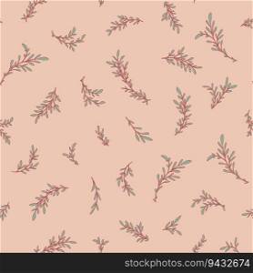 Twigs and branches with foliage and leaves. Vintage botany flora motif, floral design with leafage. Bush or shrubs nature. Seamless pattern, wallpaper print or background. Vector in flat style. Branches with leaves, vintage flora seamless print