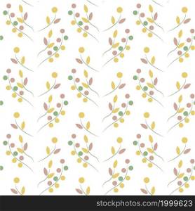 Twigs with flowers and leaves on a white background. For fabric, baby clothes, background, textile, wrapping paper and other decoration. Vector seamless pattern.