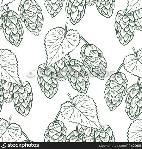 Twigs with hops and leaves seamless pattern. Background with plants for the production of beer. Hand drawing, sketch. Template for fabric, packaging and wallpaper, vector illustration.. Twigs with hops and leaves seamless pattern.