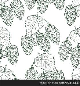 Twigs with hops and leaves seamless pattern. Background with plants for the production of beer. Hand drawing, sketch. Template for fabric, packaging and wallpaper, vector illustration.. Twigs with hops and leaves seamless pattern.