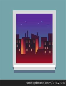 Twilight in city. Window frame view. Daytime outside apartment. Vector illustration. Twilight in city. Window frame view. Daytime outside apartment