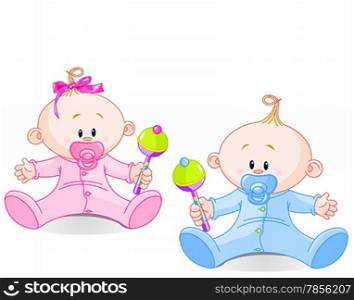 Twin Baby Boy And Girl playing with rattles