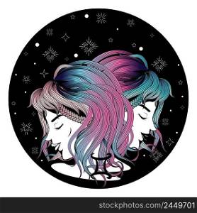 Twin girls as Gemini zodiac sign design illustration.