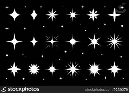 Twinkle, star sparkle. Star burst and star flash white silhouettes. Isolated vector set of shining lights and sparks. Simple bright stars with glowing rays and flare effect. Magic glint, shiny glitter. Twinkle, star sparkle. Star burst and star flash