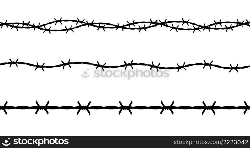 Twisted barbed wire silhouettes set. Straight and wavy curved military border for secured territory. Flat vector illustration isolated on white background.. Barbed wire set. Flat vector illustration isolated on white