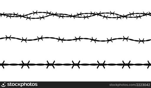 Twisted barbed wire silhouettes set. Straight and wavy curved military border for secured territory. Flat vector illustration isolated on white background.. Barbed wire set. Flat vector illustration isolated on white