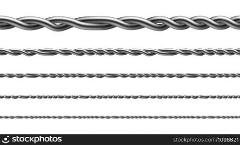 Twisted Iron Wire Seamless Pattern Set Vector. Collection Of Aligned Metallic Wire, Standard Fencing Technology For Enclosing Cattle And Attach To Wooden Posts. Template Realistic 3d Illustrations. Twisted Iron Wire Seamless Pattern Set Vector