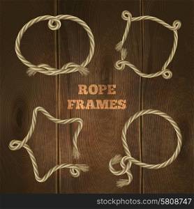 Twisted marine rope frames set on wooden background isolated vector illustration. Rope Frames Set