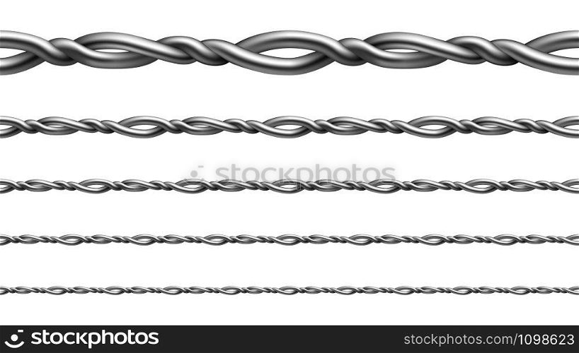 Twisted Metallic Wire Seamless Pattern Set Vector. Collection Of Flexible Metal Wire For Gates Or Fence. Industrial Equipment For Security Forbidden Areas Template Realistic 3d Illustrations. Twisted Metallic Wire Seamless Pattern Set Vector