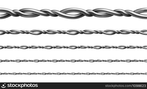 Twisted Metallic Wire Seamless Pattern Set Vector. Collection Of Flexible Metal Wire For Gates Or Fence. Industrial Equipment For Security Forbidden Areas Template Realistic 3d Illustrations. Twisted Metallic Wire Seamless Pattern Set Vector