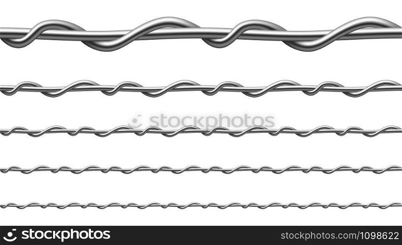 Twisted Steel Wire Seamless Pattern Set Vector. Collection Of Metallic Wire Of Gates Or Fence For Restrict Passage Of People, Vehicles And Agricultural Implements. Template Realistic 3d Illustrations. Twisted Steel Wire Seamless Pattern Set Vector