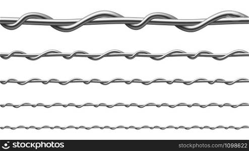Twisted Steel Wire Seamless Pattern Set Vector. Collection Of Metallic Wire Of Gates Or Fence For Restrict Passage Of People, Vehicles And Agricultural Implements. Template Realistic 3d Illustrations. Twisted Steel Wire Seamless Pattern Set Vector